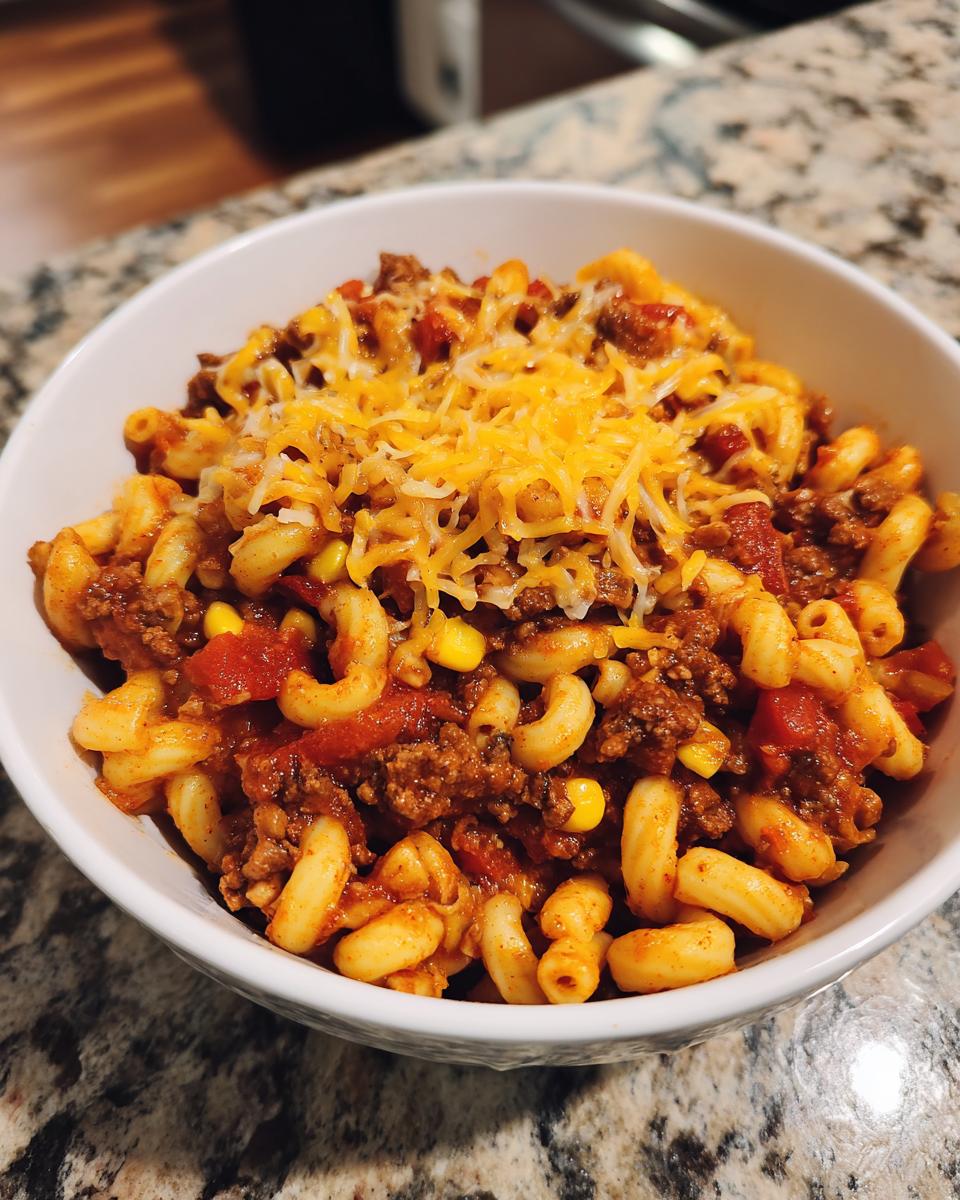 A bowl of delicious One-Pot Taco Pasta topped with shredded cheddar cheese.
