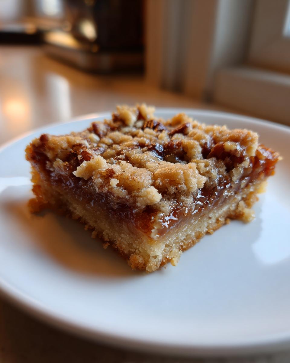 A close-up of a single pecan pie bar on a white plate, showcasing the gooey filling and crumbly topping.