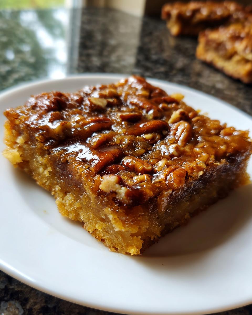 A close-up of a Pecan Pie Bar on a white plate, showcasing the gooey caramel topping and toasted pecans.