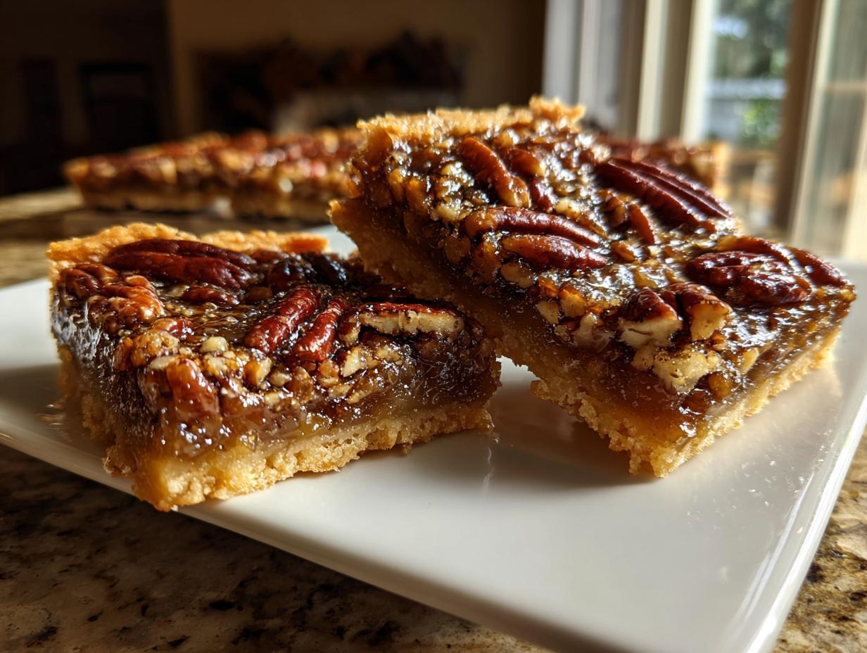 Close-up of two Pecan Pie Bars on a white plate, showcasing a flaky crust and gooey pecan filling.