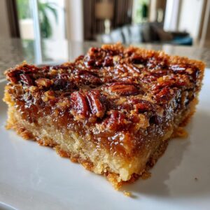A close-up of a slice of Pecan Pie Bars on a white plate, showcasing the gooey filling and pecan topping.