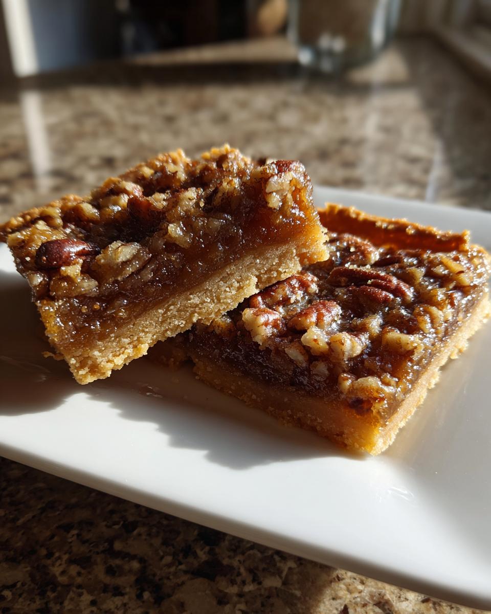 Two delicious pecan pie bars on a white plate, showcasing the gooey filling and crunchy pecans.