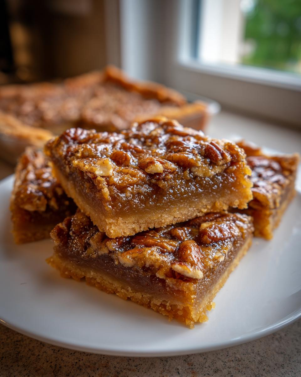 Close-up of stacked Pecan Pie Bars on a white plate, showcasing the gooey filling and crunchy pecans.