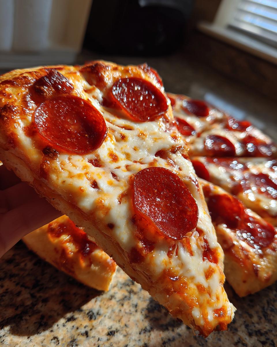 A close-up shot of a hand holding a slice of delicious pepperoni pizza, showcasing melted cheese and crispy pepperoni.