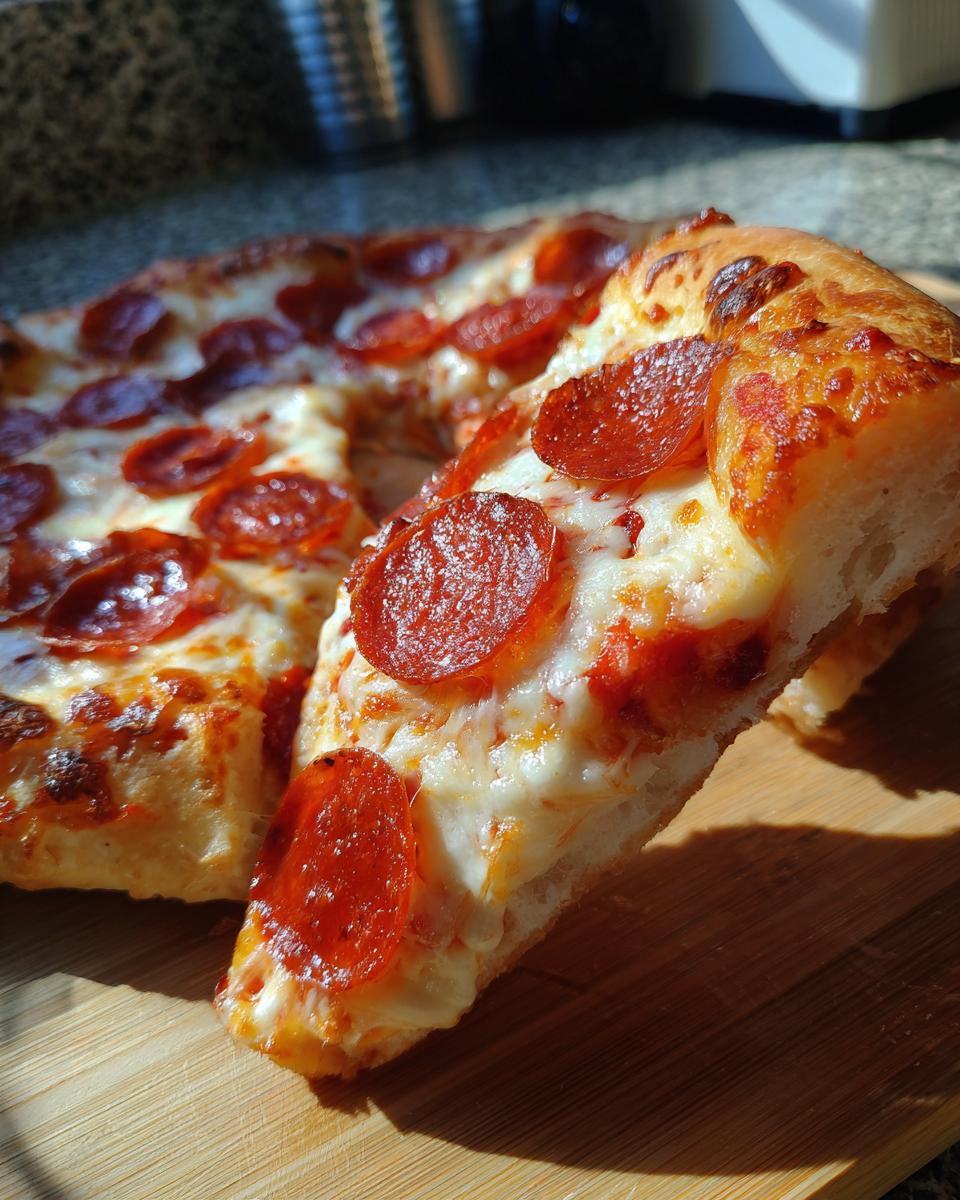 A close-up shot of a slice of pepperoni pizza, showcasing melted cheese and crispy pepperoni.