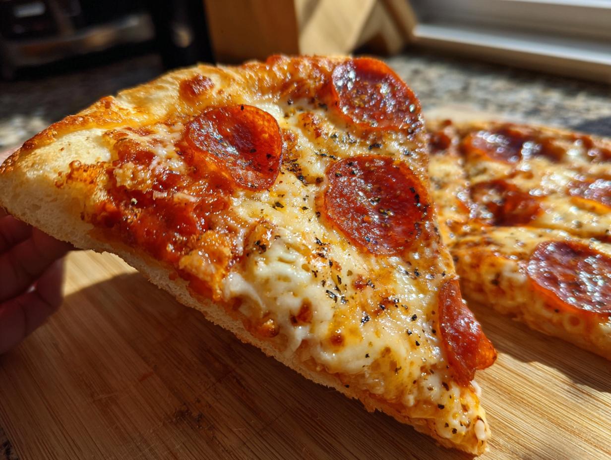 A close-up of a slice of pepperoni pizza with melted cheese and crispy pepperoni.