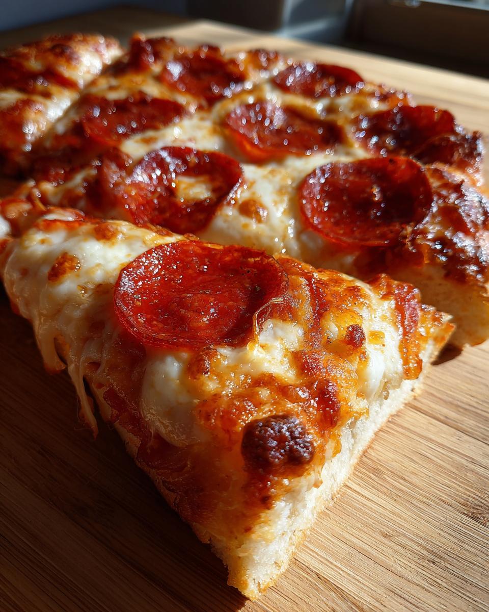 A close-up of a slice of pepperoni pizza with melted cheese and crispy pepperoni.