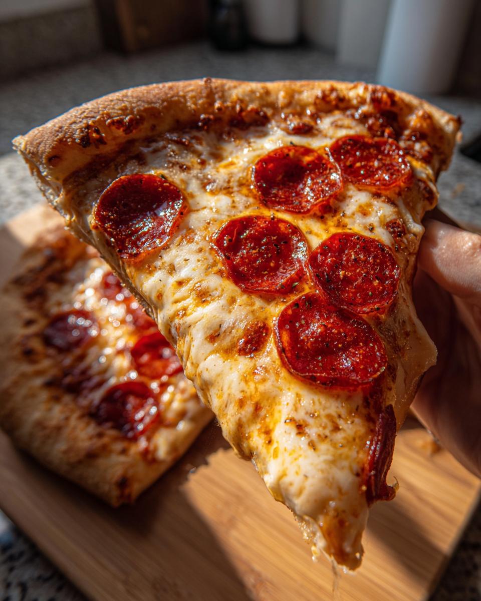 Close-up of a hand holding a slice of pepperoni pizza, showcasing melted cheese and crispy pepperoni.