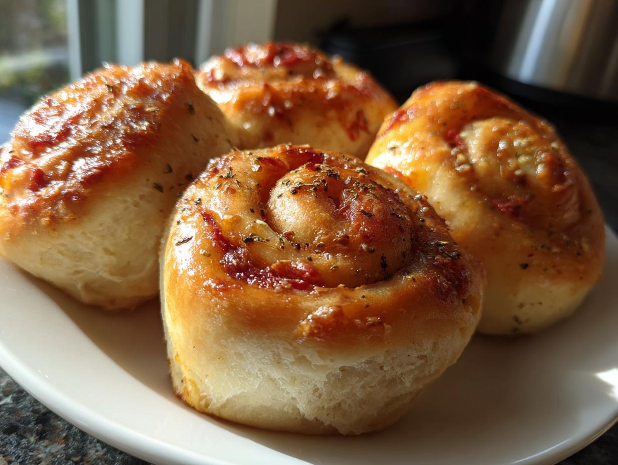 Close-up of four golden brown pepperoni rolls, sprinkled with herbs, on a white plate.