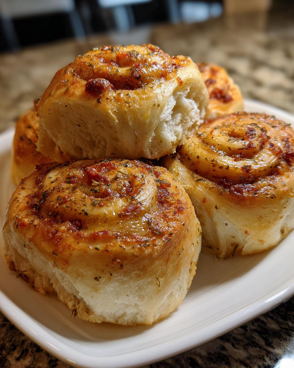 A close-up of fluffy pepperoni rolls, topped with herbs and a hint of tomato sauce, piled on a white plate.