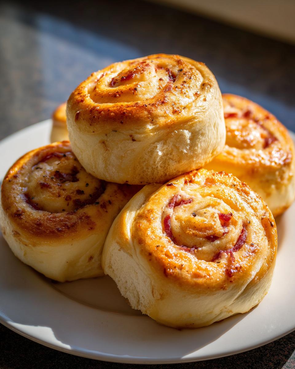 A close-up of golden brown pepperoni rolls stacked on a white plate, showcasing the spiral of pepperoni inside.