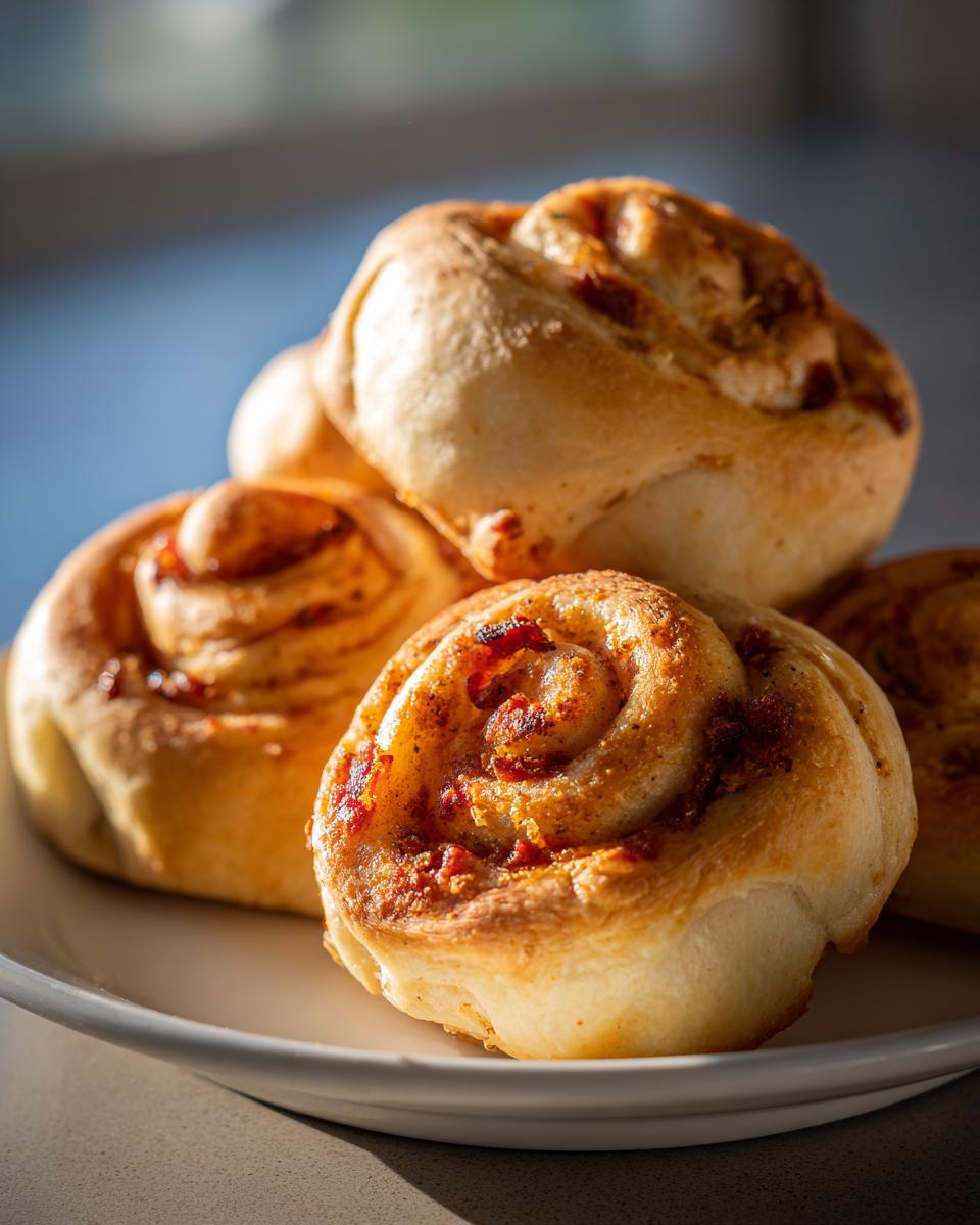 Close-up of golden-brown pepperoni rolls, showing the swirled dough and visible pepperoni pieces.