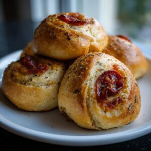 A close-up of golden-brown pepperoni rolls sprinkled with herbs on a white plate.