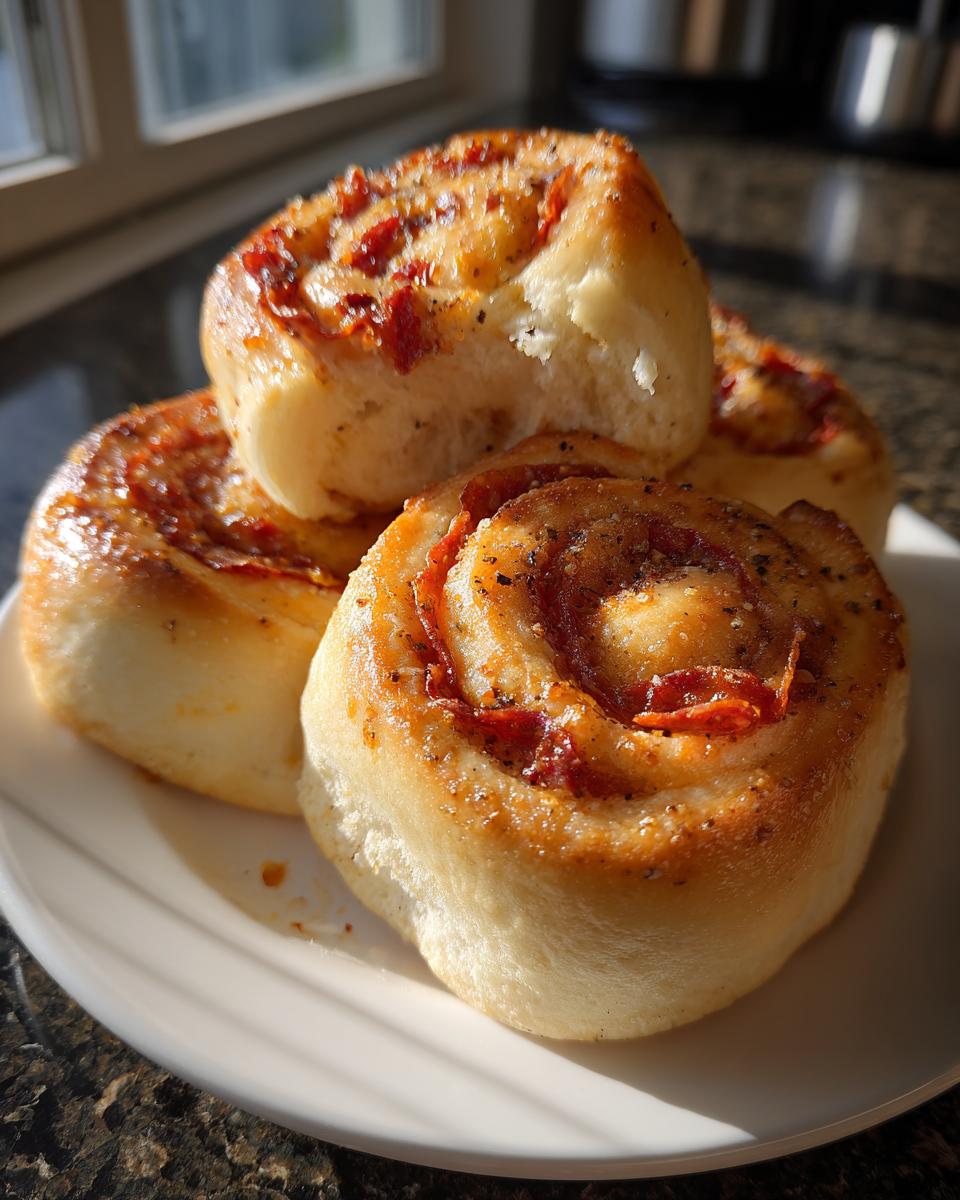 A close-up of golden-brown pepperoni rolls, sprinkled with seasonings, stacked on a white plate.