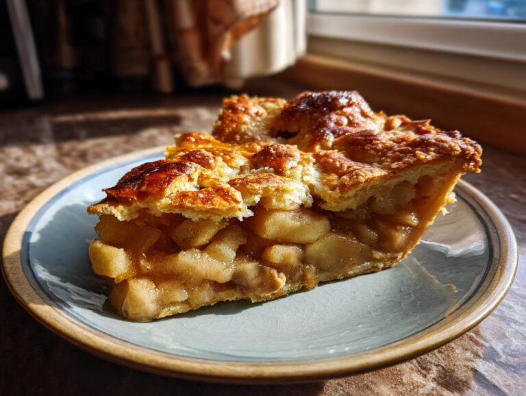 A close-up of a slice of perfect apple pie, showcasing a flaky golden crust and tender apple filling.