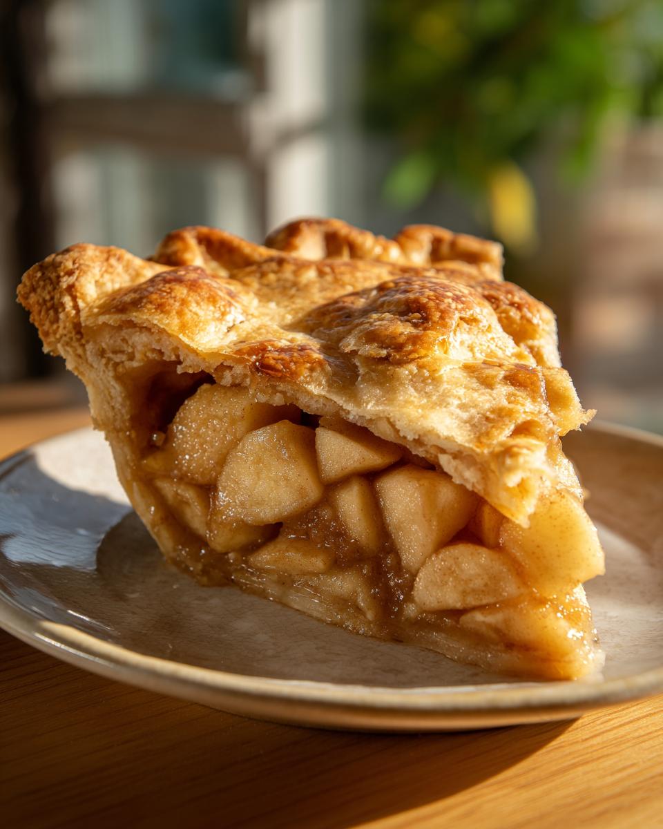 A close-up of a perfect apple pie slice, showcasing a flaky golden crust and a generous filling of tender apple slices.