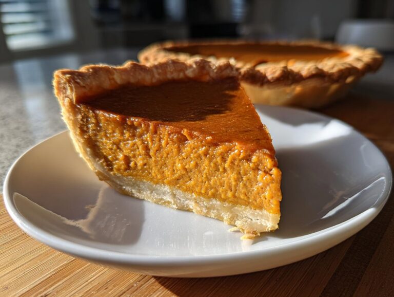 A close-up of a slice of perfect pumpkin pie on a white plate, with another pie in the background.