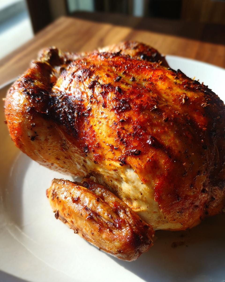 A perfectly roasted chicken with golden-brown, crispy skin sits on a white plate, ready to be served.