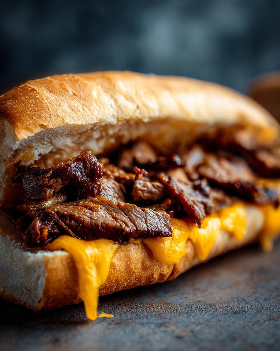 Close-up of a delicious Philly cheesesteak sandwich with thinly sliced beef and melted cheese on a long roll.