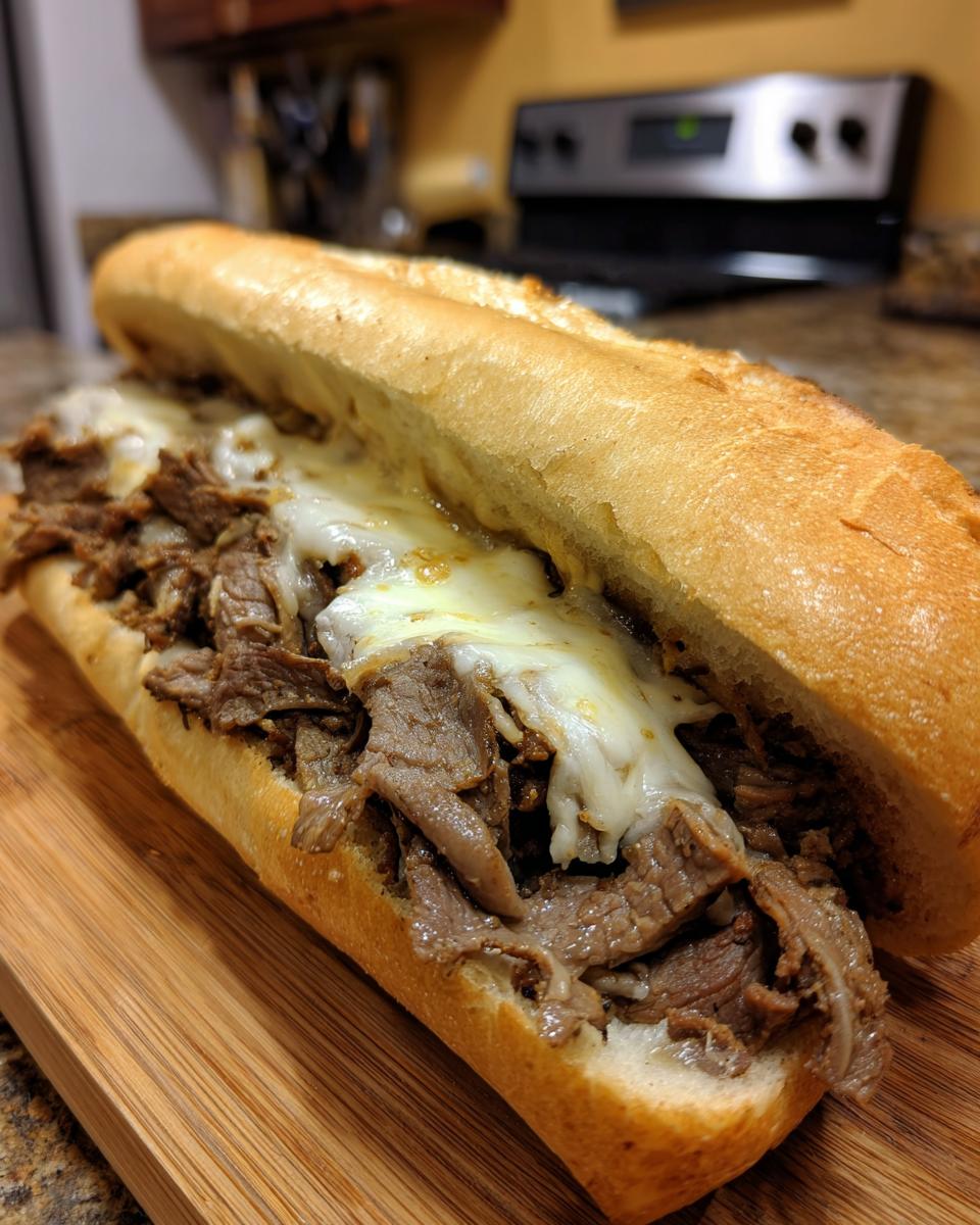 Close-up of an authentic Philly cheesesteak sandwich with thinly sliced steak and melted cheese on a long roll.