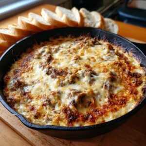 A bubbling hot Philly cheesesteak dip served in a cast iron skillet with toasted baguette slices.