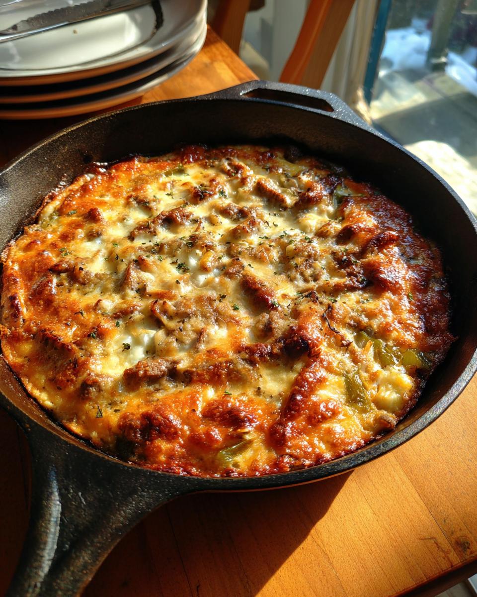 A bubbly and golden Philly cheesesteak dip served hot in a cast iron skillet, topped with fresh herbs.