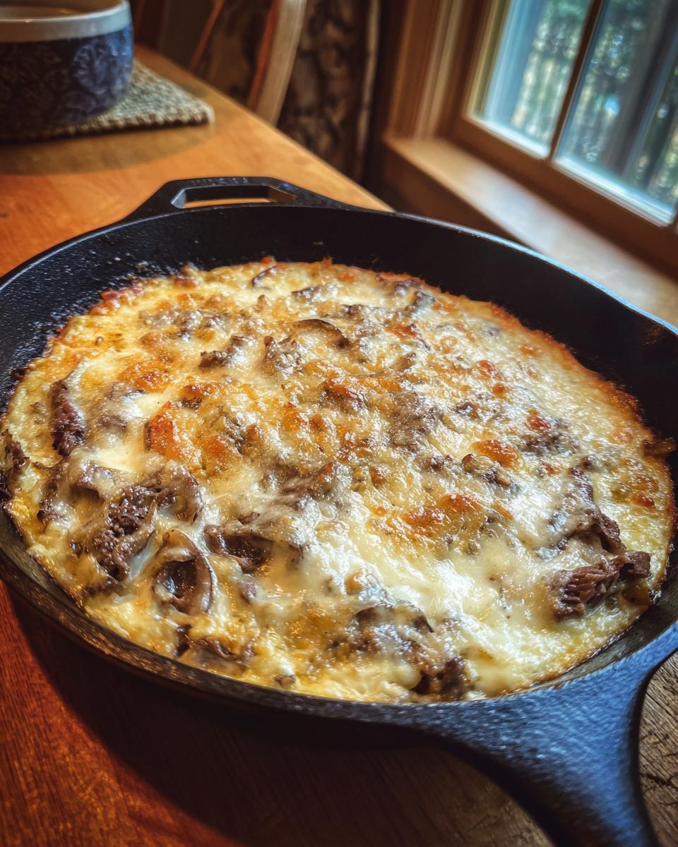 A bubbling hot Philly cheesesteak dip served in a cast iron skillet, topped with melted cheese and steak pieces.
