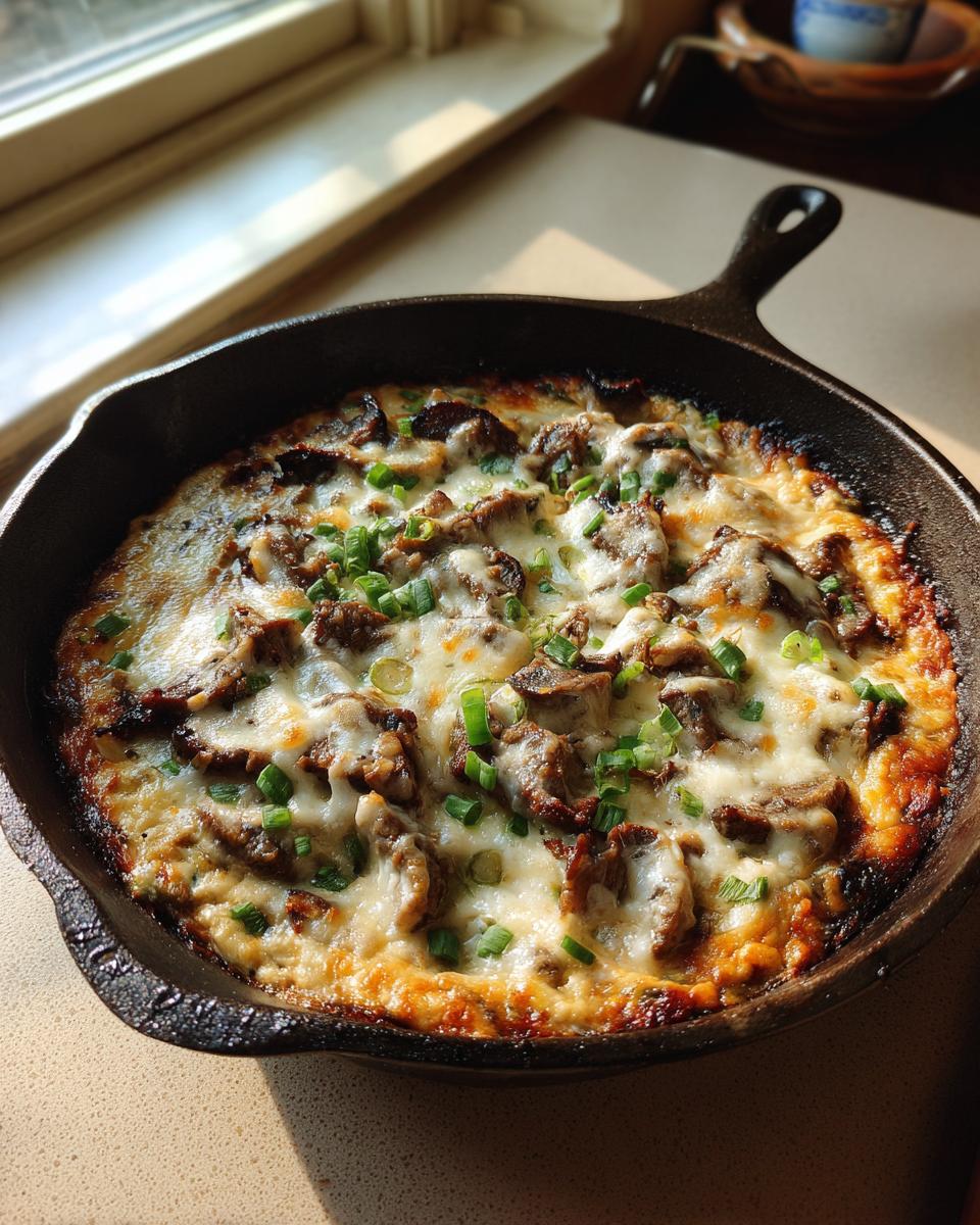 A bubbling hot Philly cheesesteak dip served in a cast iron skillet, topped with melted cheese and green onions.