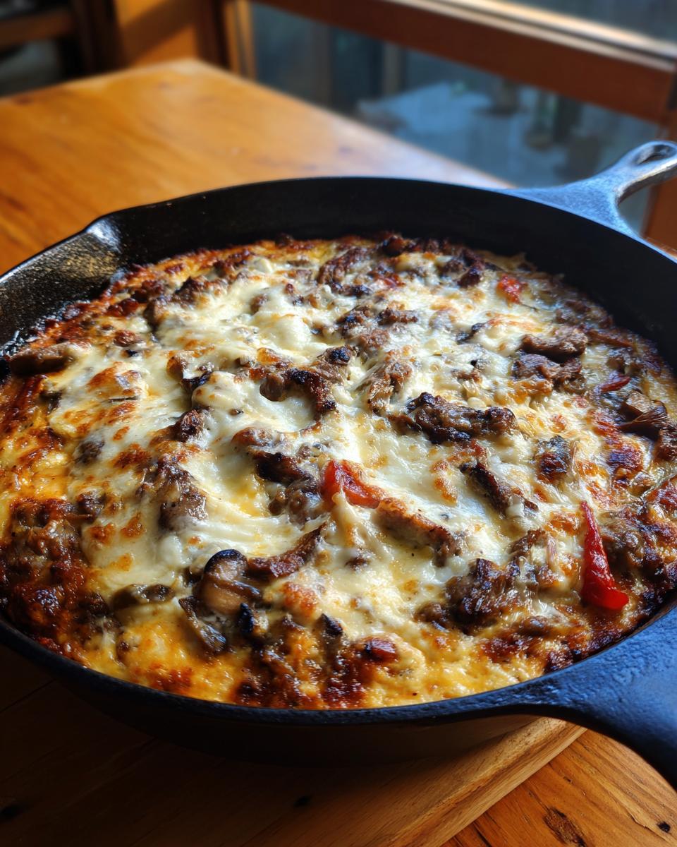 Close-up of a bubbling hot Philly cheesesteak dip in a cast iron skillet, topped with melted cheese and beef.
