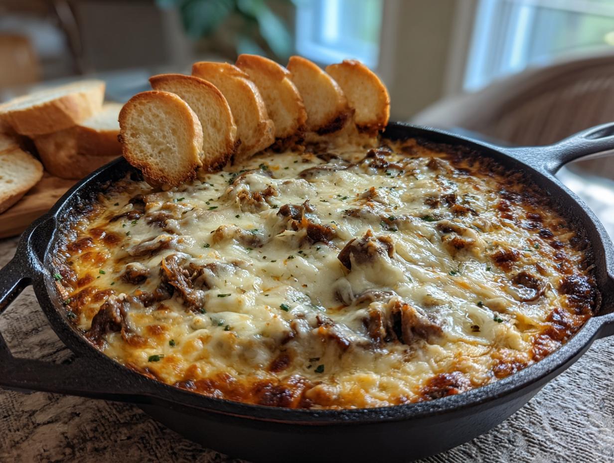 Close-up of a bubbling hot Philly cheesesteak dip in a cast iron skillet, topped with melted cheese and served with toasted baguette slices.
