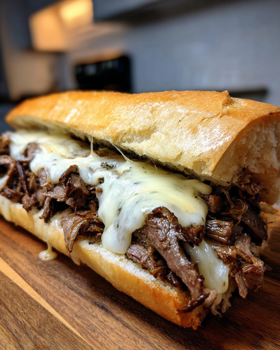 Close-up of a delicious Philly cheesesteak sandwich with melted cheese and thinly sliced steak on a crusty roll.