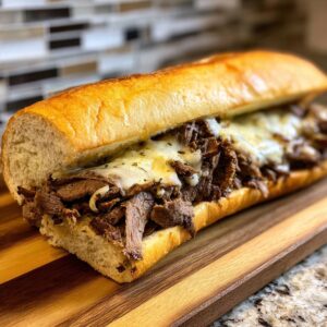 A close-up of a delicious Philly cheesesteak sandwich on a wooden cutting board, with melted cheese and tender steak.
