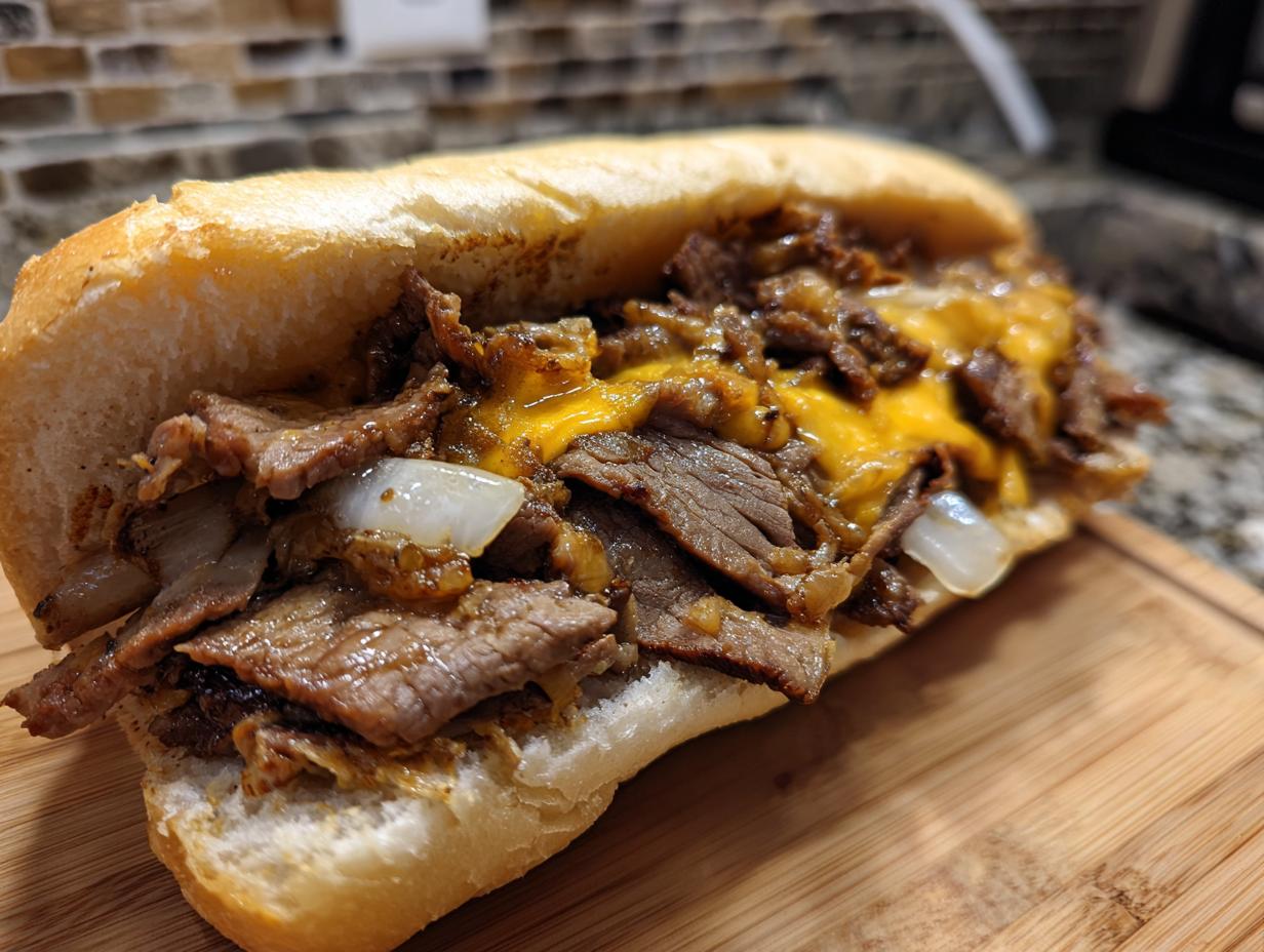 Close-up of an authentic Philly cheesesteak sandwich with thinly sliced steak, onions, and melted cheese on a hoagie roll.