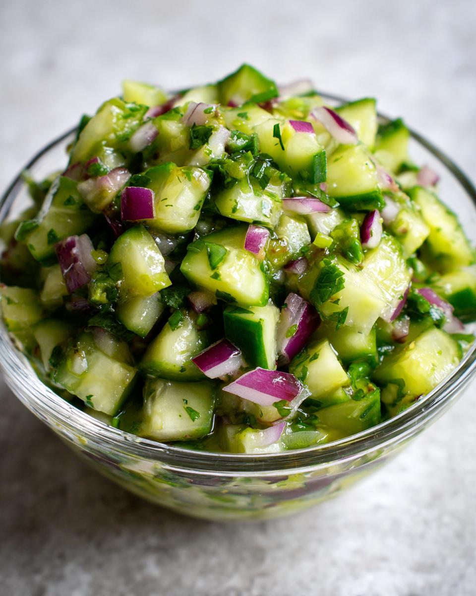A close-up of a glass bowl filled with fresh Pickle de Gallo, featuring diced cucumber, red onion, and herbs.