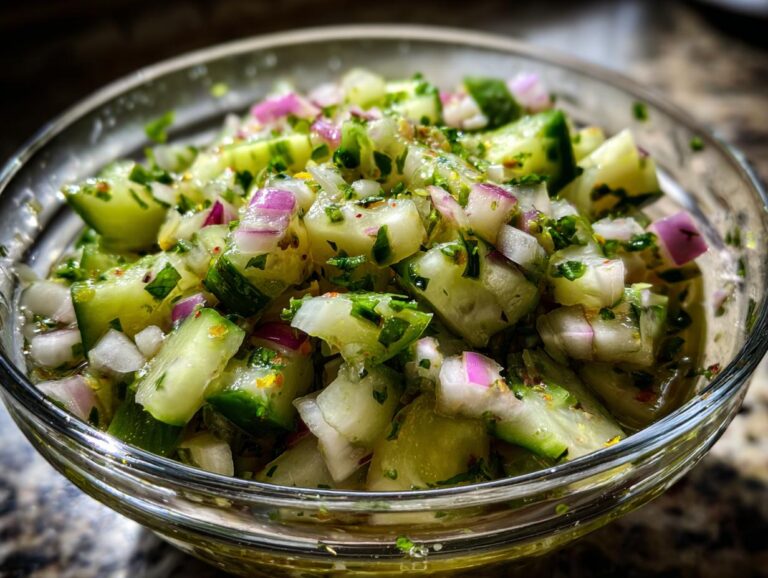 Close-up of a glass bowl filled with fresh Pickle de Gallo, featuring chopped cucumbers, red onion, and herbs in a light dressing.