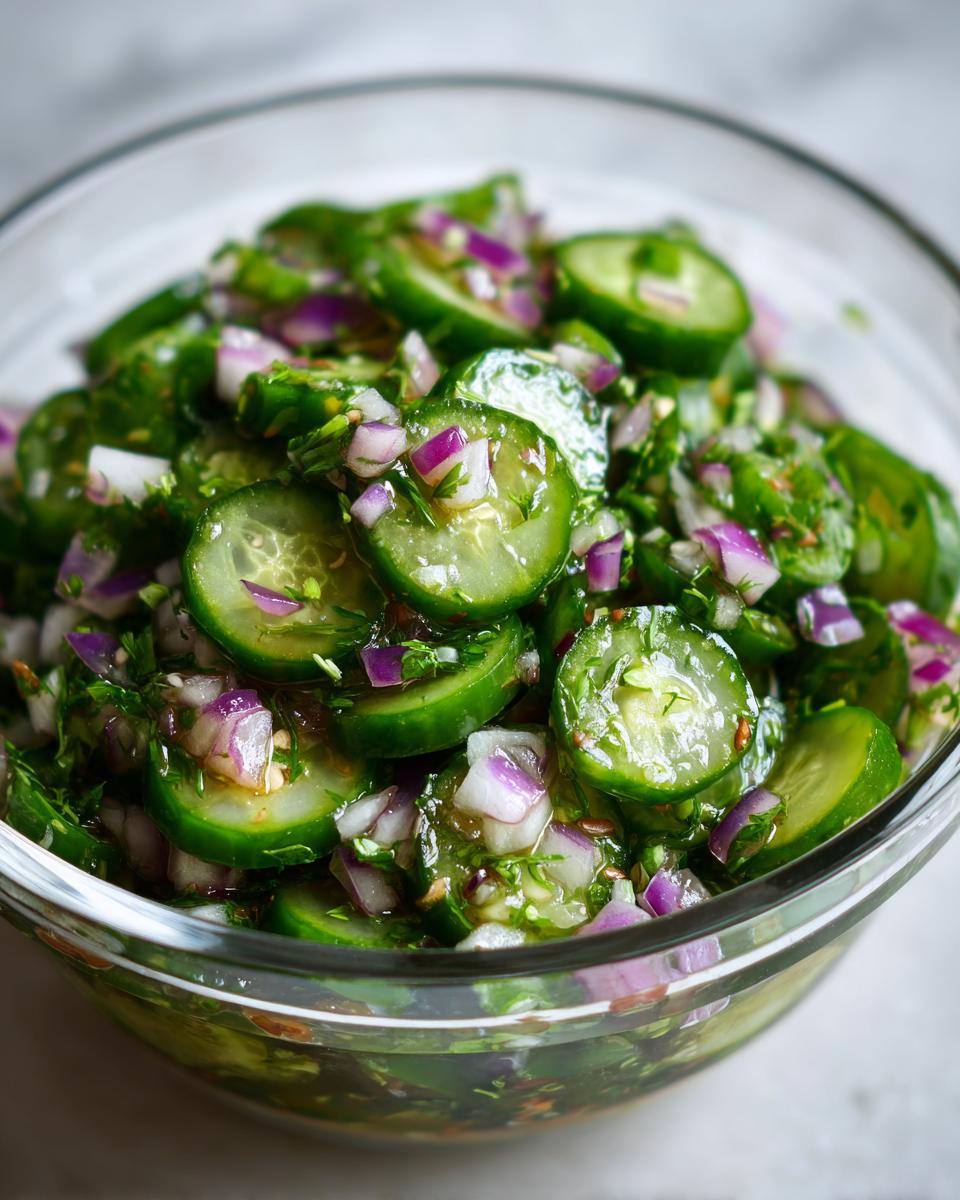 A close-up of a glass bowl filled with sliced cucumbers, red onion, and fresh herbs, showcasing the vibrant Pickle de Gallo.