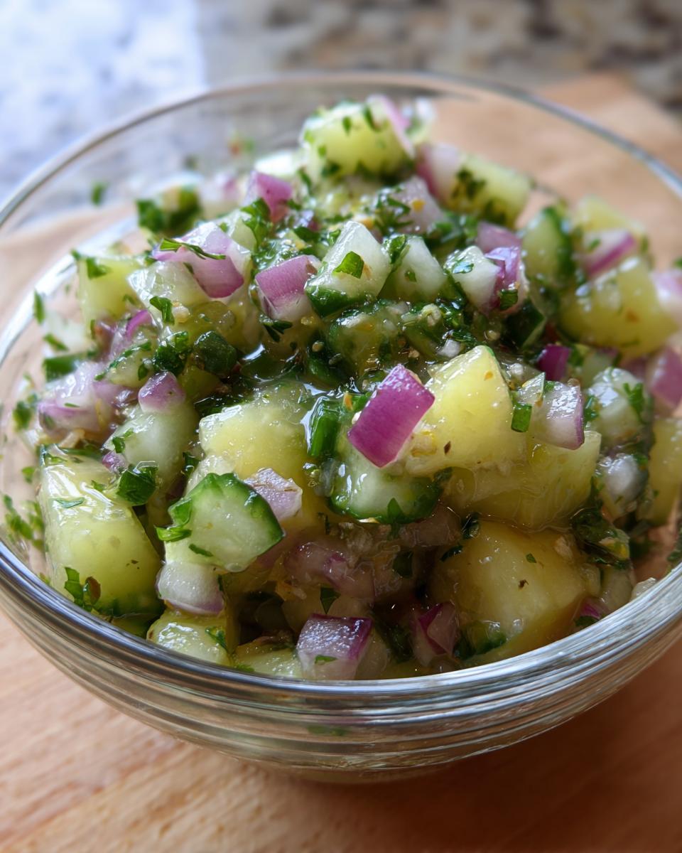 A close-up of a glass bowl filled with Pickle de Gallo, a fresh salsa made with chopped pickles, cucumber, red onion, and cilantro.
