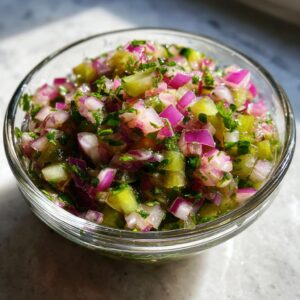 Close-up of a clear glass bowl filled with vibrant Pickle de Gallo, featuring chopped pickles, red onion, and cilantro.