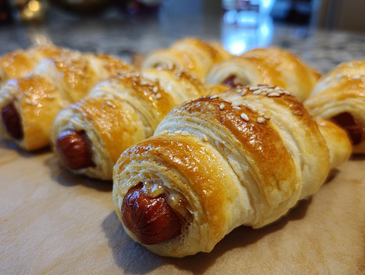A close-up of golden brown pigs in a blanket, sprinkled with sesame seeds, ready for a party.