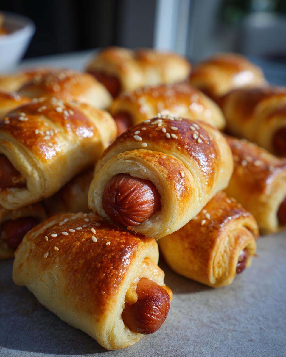 A close-up of golden brown pigs in a blanket, sprinkled with sesame seeds, stacked on a gray surface.