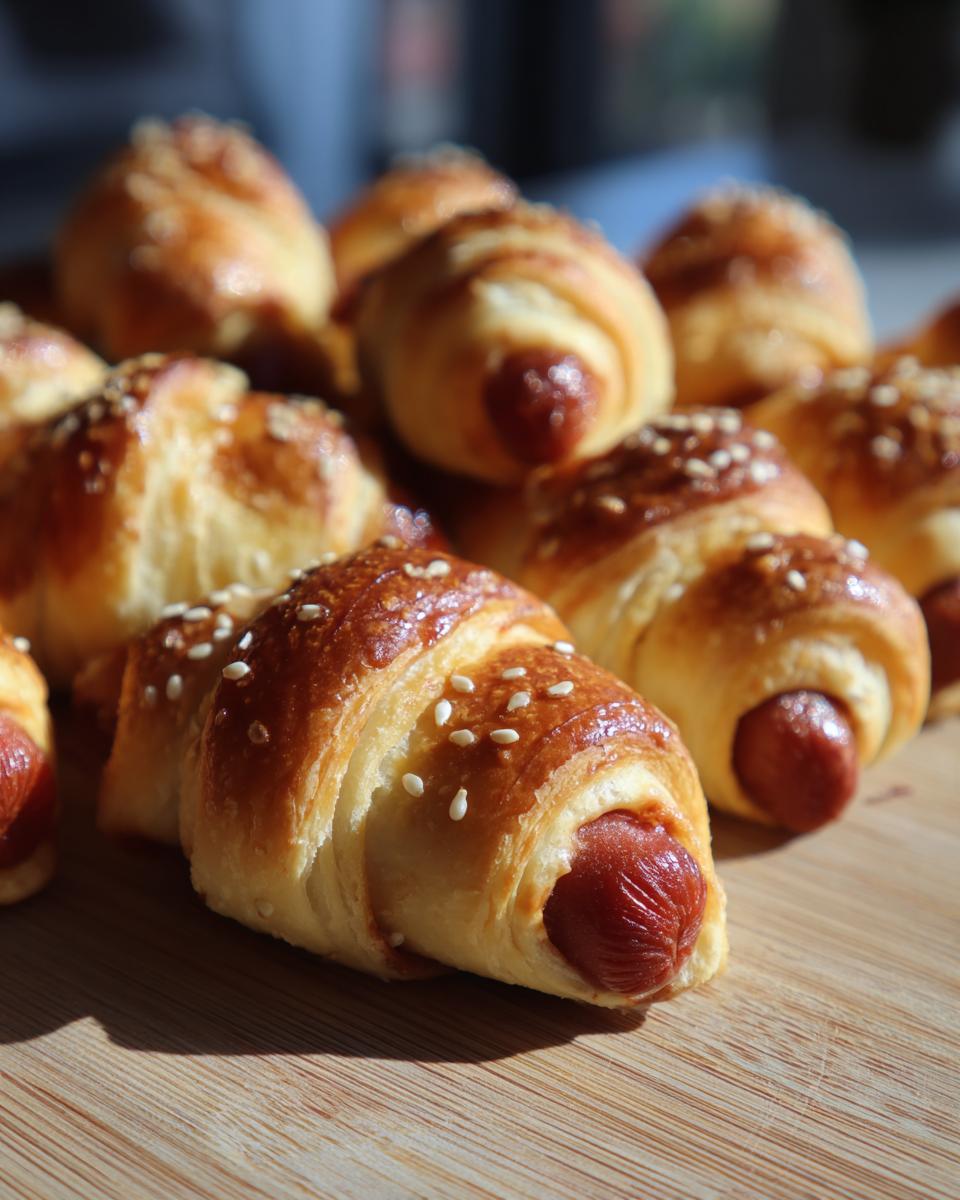 Close-up of golden-brown pigs in a blanket, sprinkled with sesame seeds, on a wooden board.