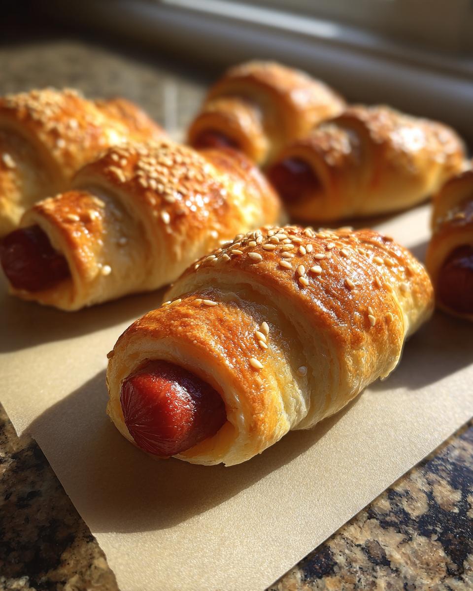 Close-up of golden brown pigs in a blanket, sprinkled with sesame seeds, ready for a party.