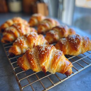 Close-up of golden-brown pigs in a blanket baked in flaky pastry and sprinkled with sesame seeds.
