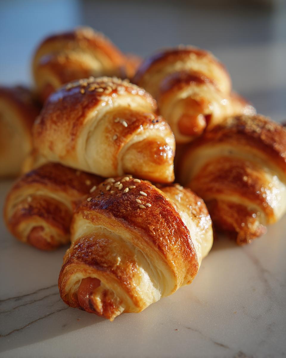 Close-up of golden brown pigs in a blanket, sprinkled with sesame seeds, on a marble surface.