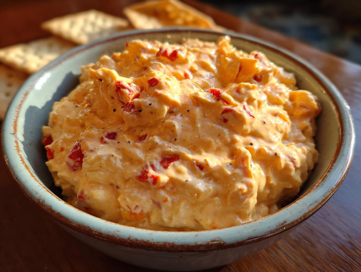Close-up of creamy Pimento Cheese Dip in a rustic bowl, with crackers in the background.