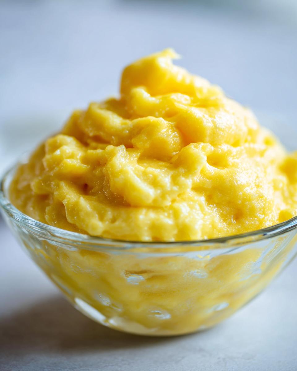 A close-up of a creamy, yellow Pineapple Dole Whip copycat in a glass bowl.