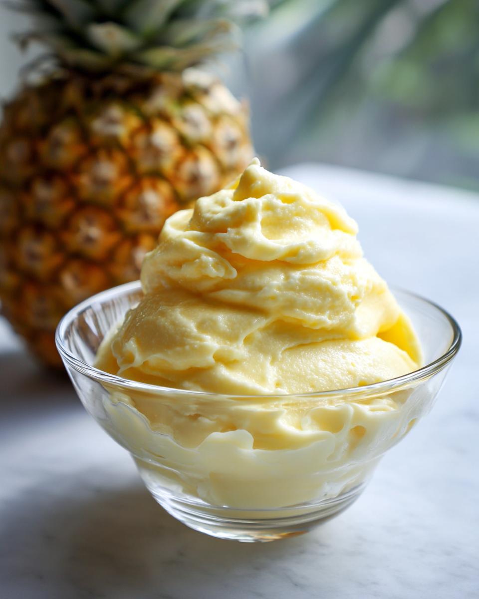 A close-up of a creamy Pineapple Dole Whip copycat in a glass bowl, with a pineapple in the background.