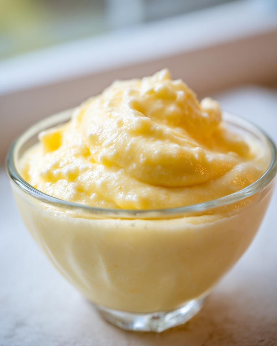 A close-up of a creamy, pale yellow Pineapple Dole Whip copycat in a glass bowl.