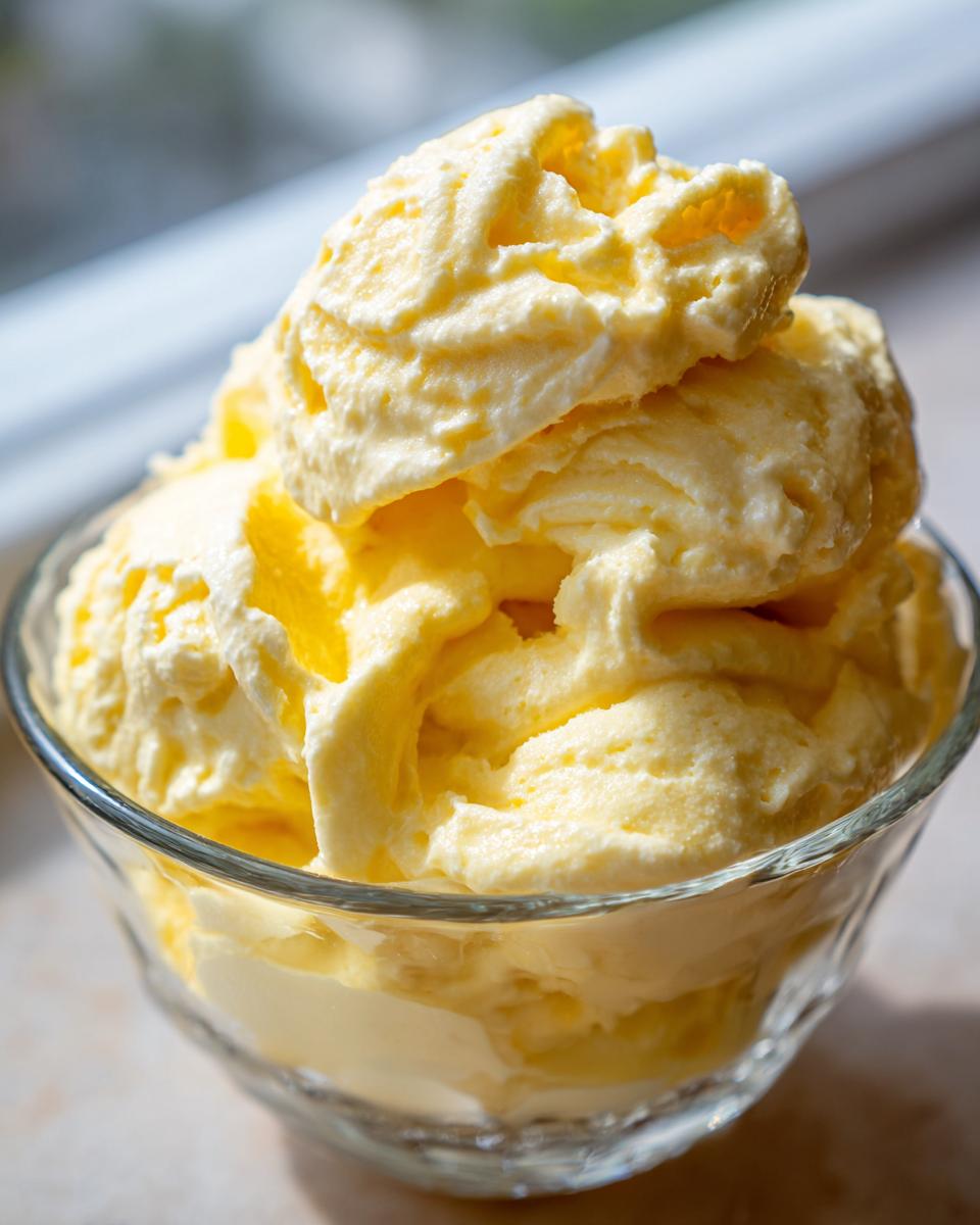 A close-up of a glass bowl filled with creamy, soft-serve Pineapple Dole Whip copycat.