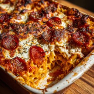 Close-up of a bubbling Pizza Lasagna in a baking dish, topped with melted cheese and pepperoni slices.